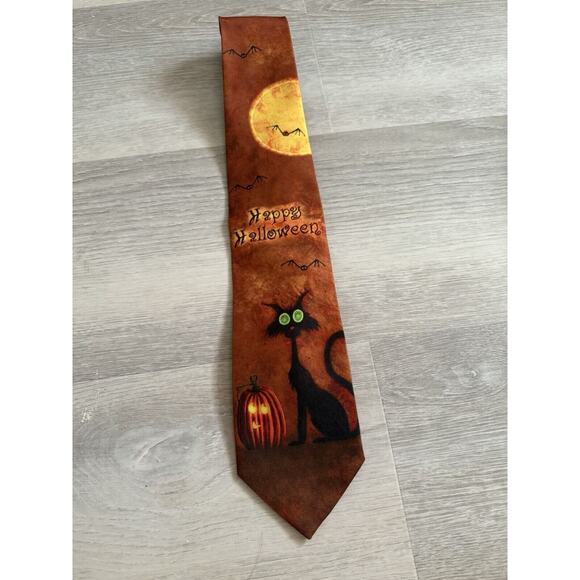 Halloween Ties Black Cat Pumpkin Tie Men's Spooky Holiday Neck Ties - Picture 1 of 6